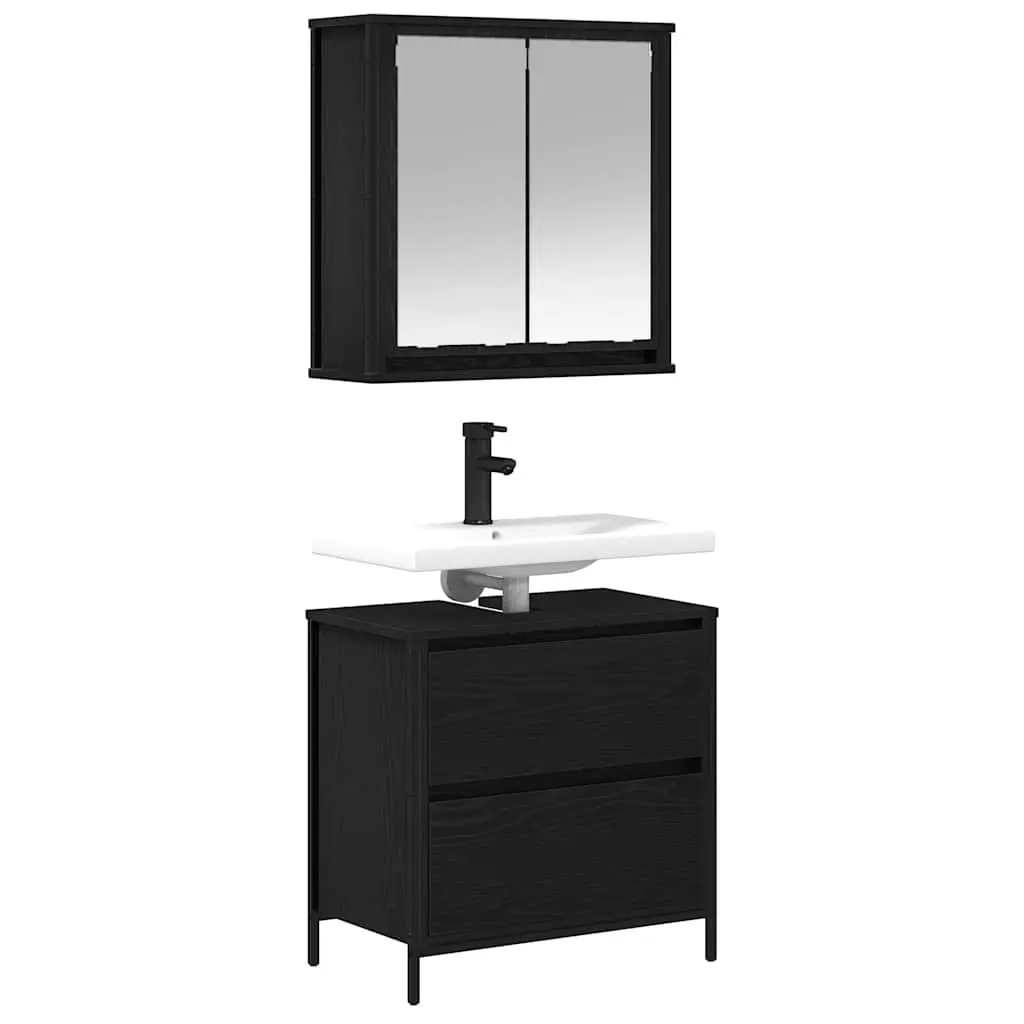 Bathroom Furniture Set Black Oak Engineered Wood 2 Piece Cabinet Mirror Storage