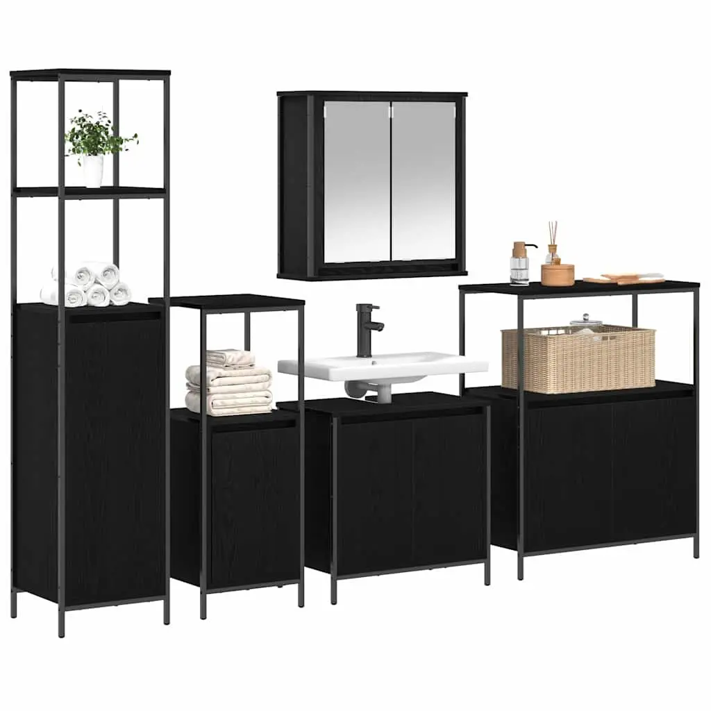 Bathroom Furniture Set Modern Black Oak Vanity Storage Cabinet Mirror 5 Piece