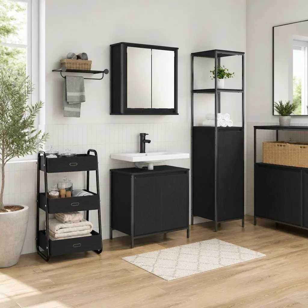 Bathroom Storage Cabinet Set 2 Piece Black Engineered Wood with Integrated Mirror