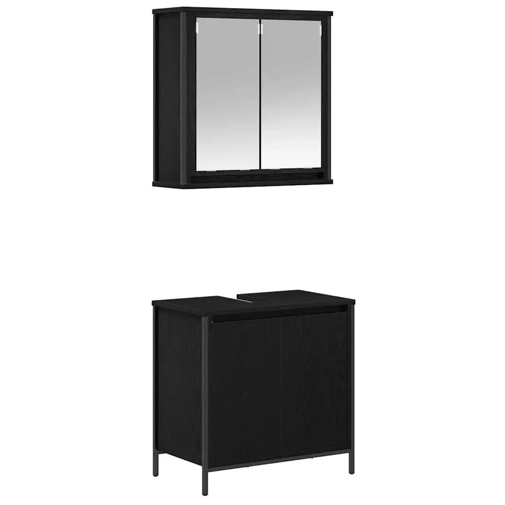 Bathroom Storage Cabinet Set 2 Piece Black Engineered Wood with Integrated Mirror