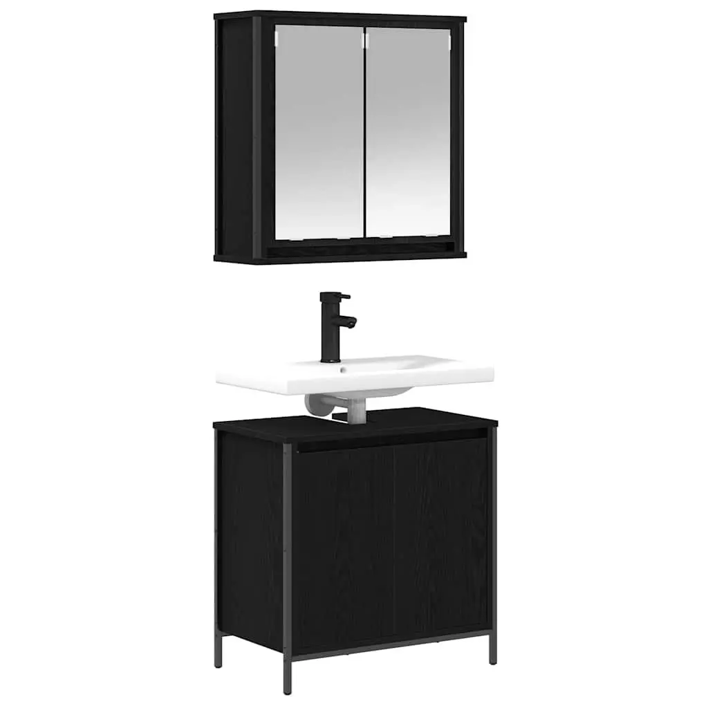 Bathroom Storage Cabinet Set 2 Piece Black Engineered Wood with Integrated Mirror