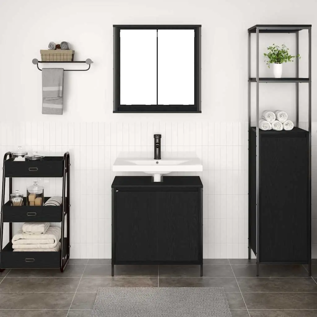 Bathroom Storage Cabinet Set 2 Piece Black Engineered Wood with Integrated Mirror