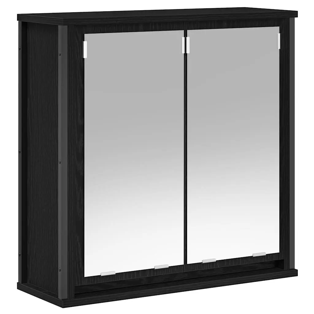 Bathroom Storage Cabinet Set 2 Piece Black Engineered Wood with Integrated Mirror