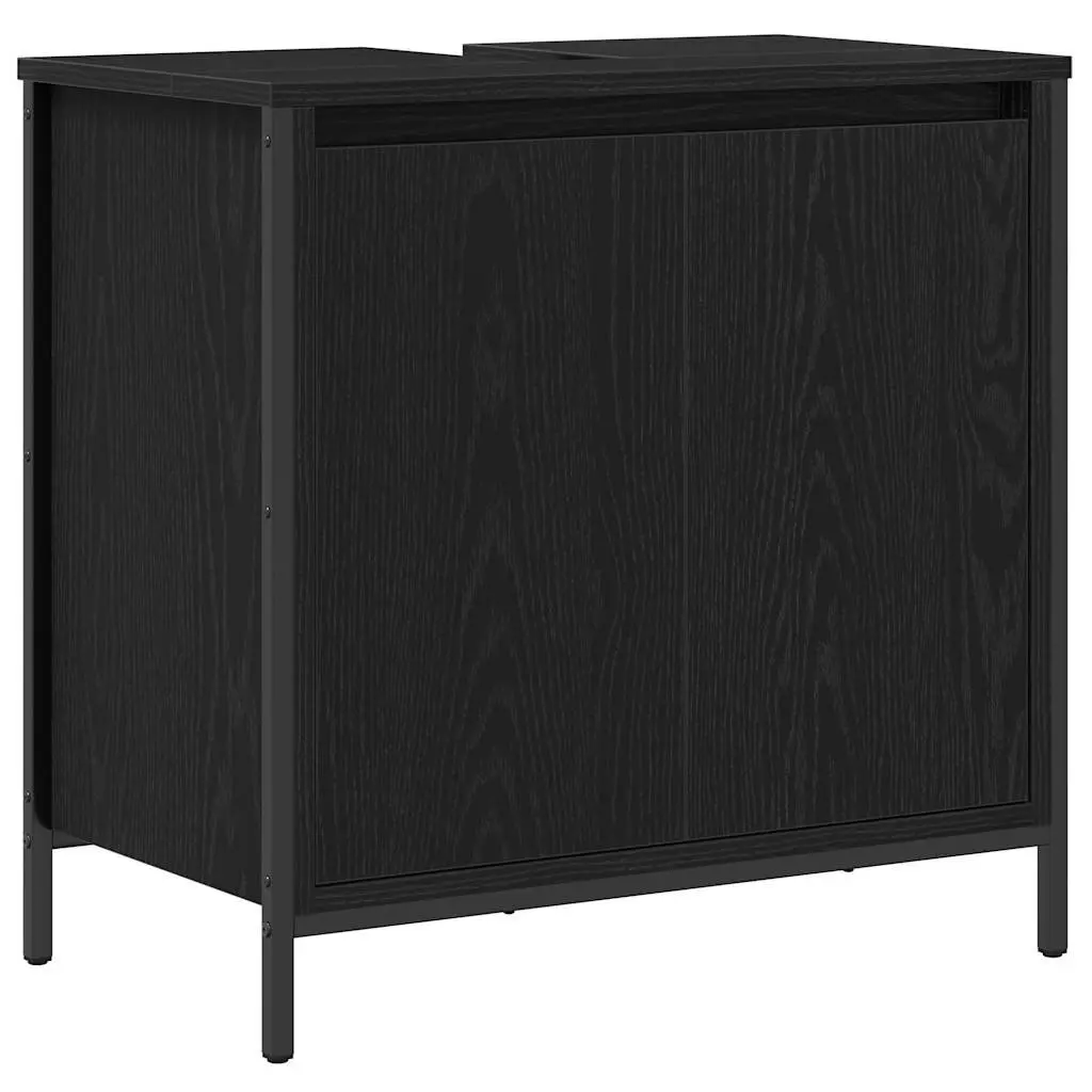 Bathroom Storage Cabinet Set 2 Piece Black Engineered Wood with Integrated Mirror