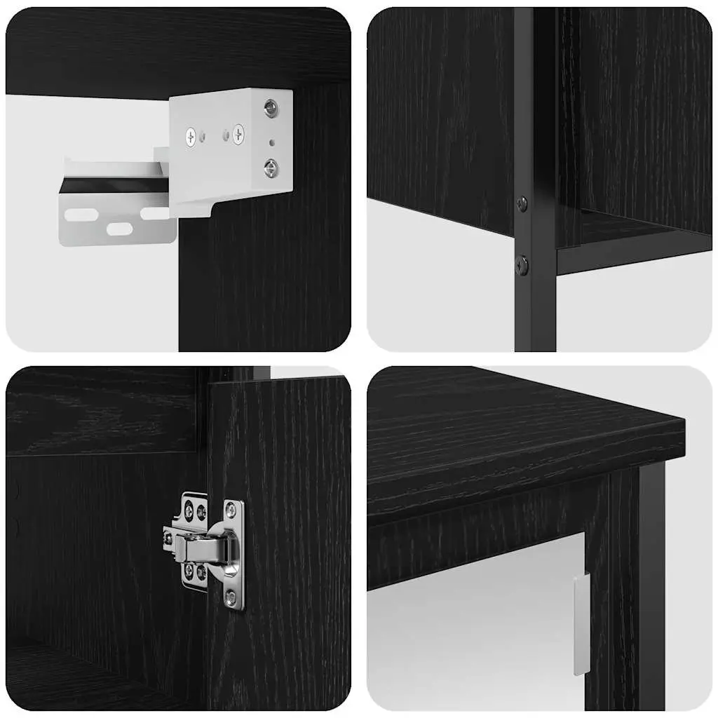 Bathroom Storage Cabinet Set 2 Piece Black Engineered Wood with Integrated Mirror