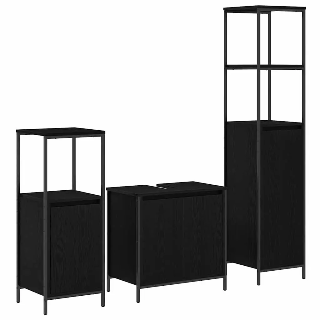 Bathroom Furniture Set Modern Black Oak Vanity Cabinet Storage Unit with Mirror 3pcs