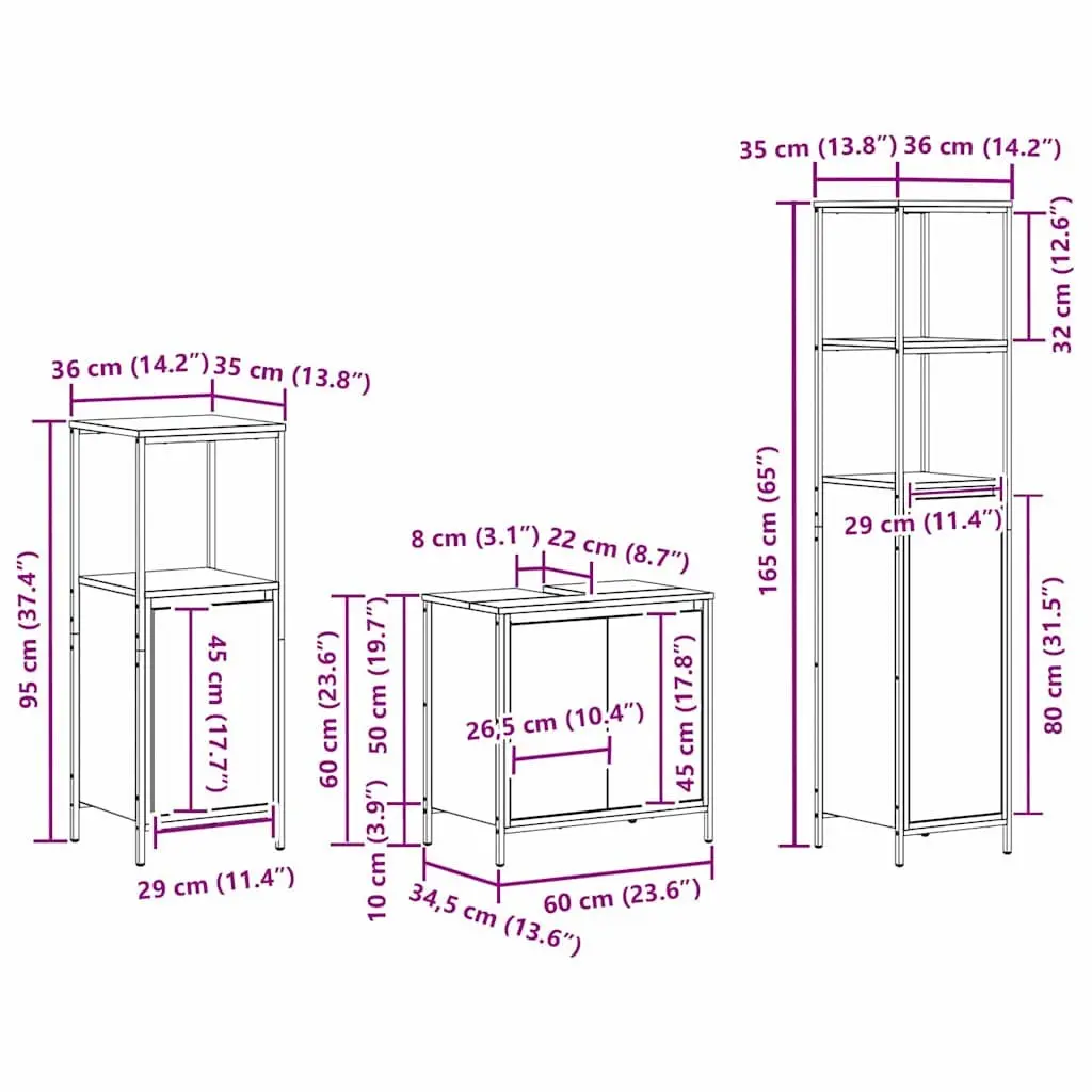 Bathroom Furniture Set Modern Black Oak Vanity Cabinet Storage Unit with Mirror 3pcs