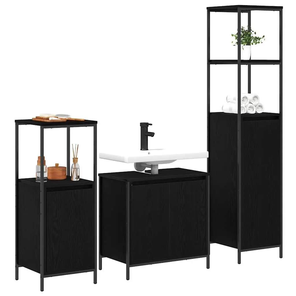 Bathroom Furniture Set Modern Black Oak Vanity Cabinet Storage Unit with Mirror 3pcs