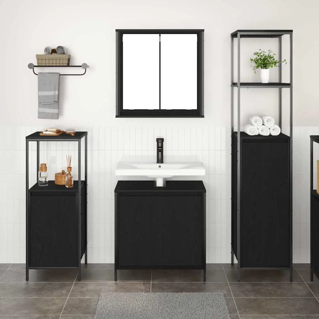 Bathroom Furniture Set Modern Black Oak Vanity Cabinet Storage Unit with Mirror 3pcs