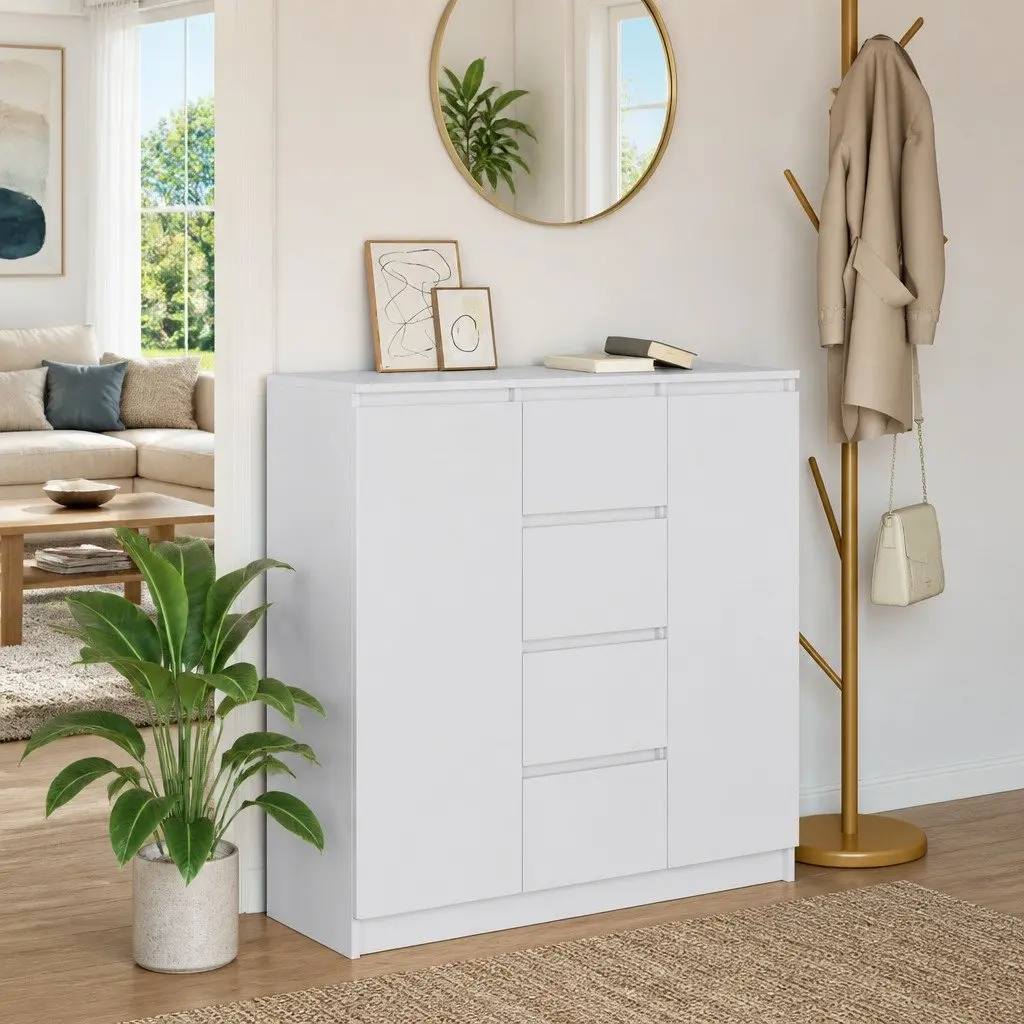 Sideboard with Drawers White Storage Cabinet Engineered Wood Doors Shelves