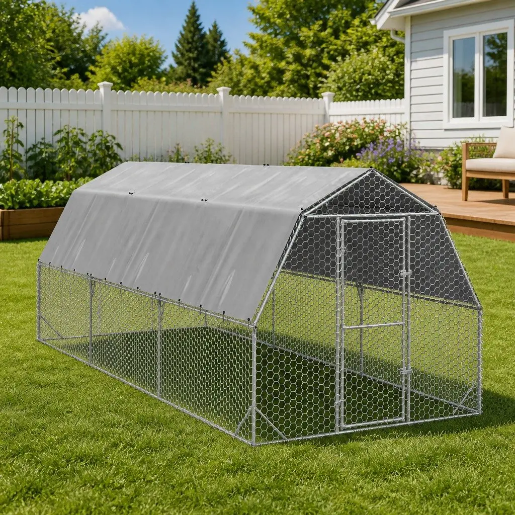 Chicken Run with Roof Galvanised Steel 2.5x6x2.25m Walk-In Coop Small Animal Habitat Enclosure
