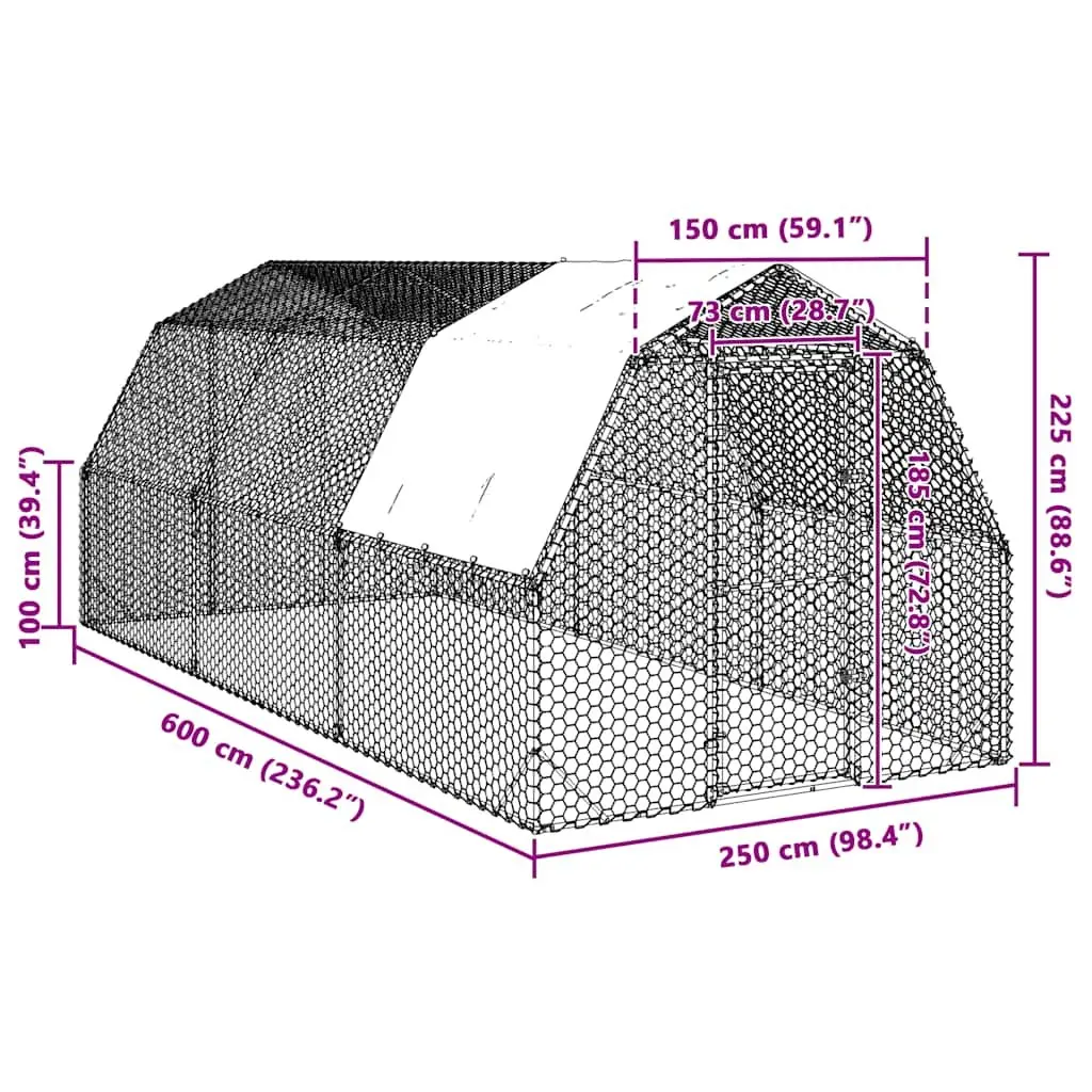 Chicken Run Walk-In Coop Galvanised Steel Frame Water-Resistant Roof Hexagonal Mesh 2.5 x 6 x 2.25 m