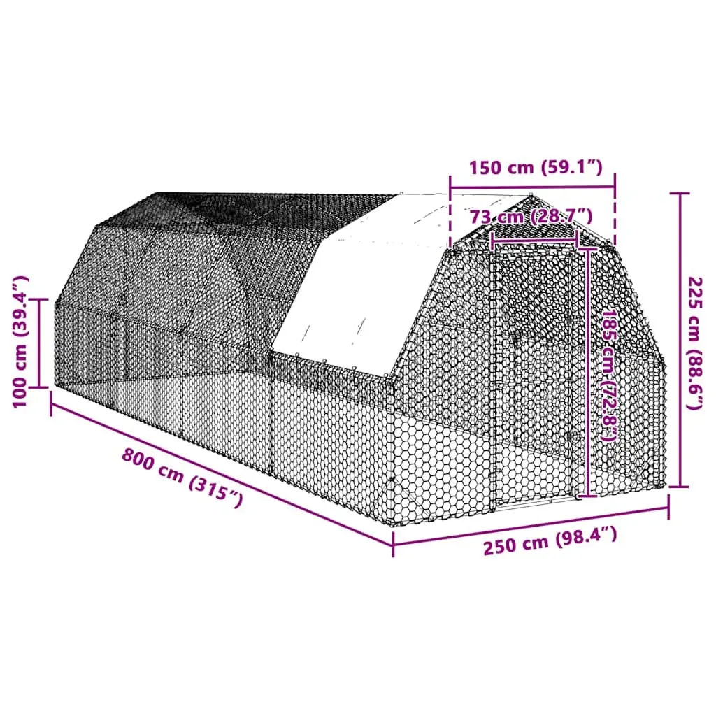 Chicken Run Hexagonal Mesh Galvanised Steel Frame Walk-in 2.5 x 8 x 2.25 m