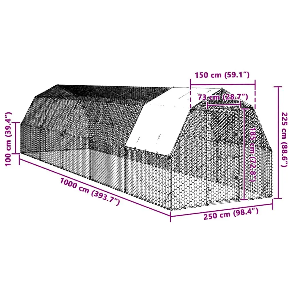 Chicken Run Walk-In Coop Galvanised Steel Mesh Enclosure 2.5x10x2.25m