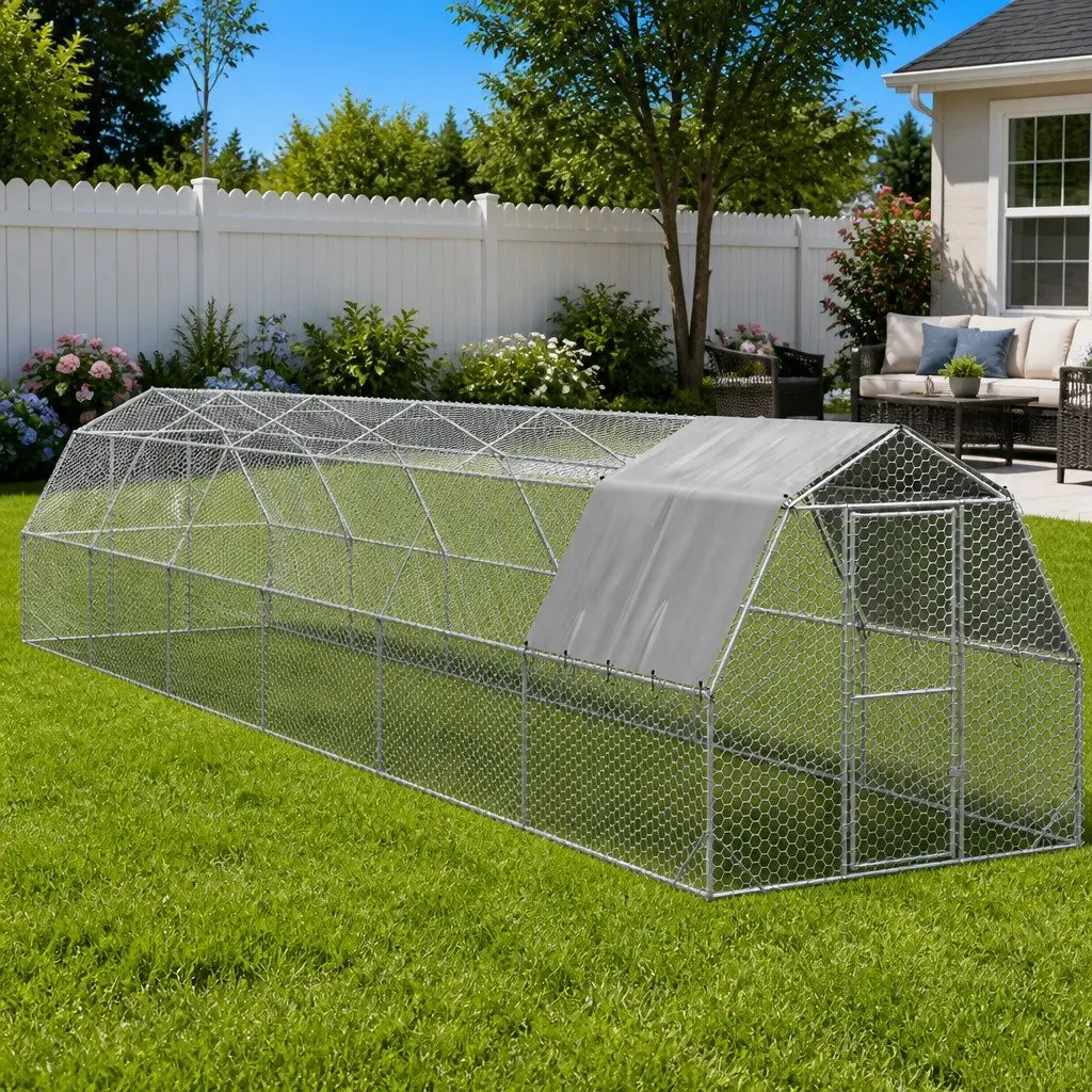 Chicken Run Large Walk-in Coop Galvanised Steel Frame Water-resistant Roof