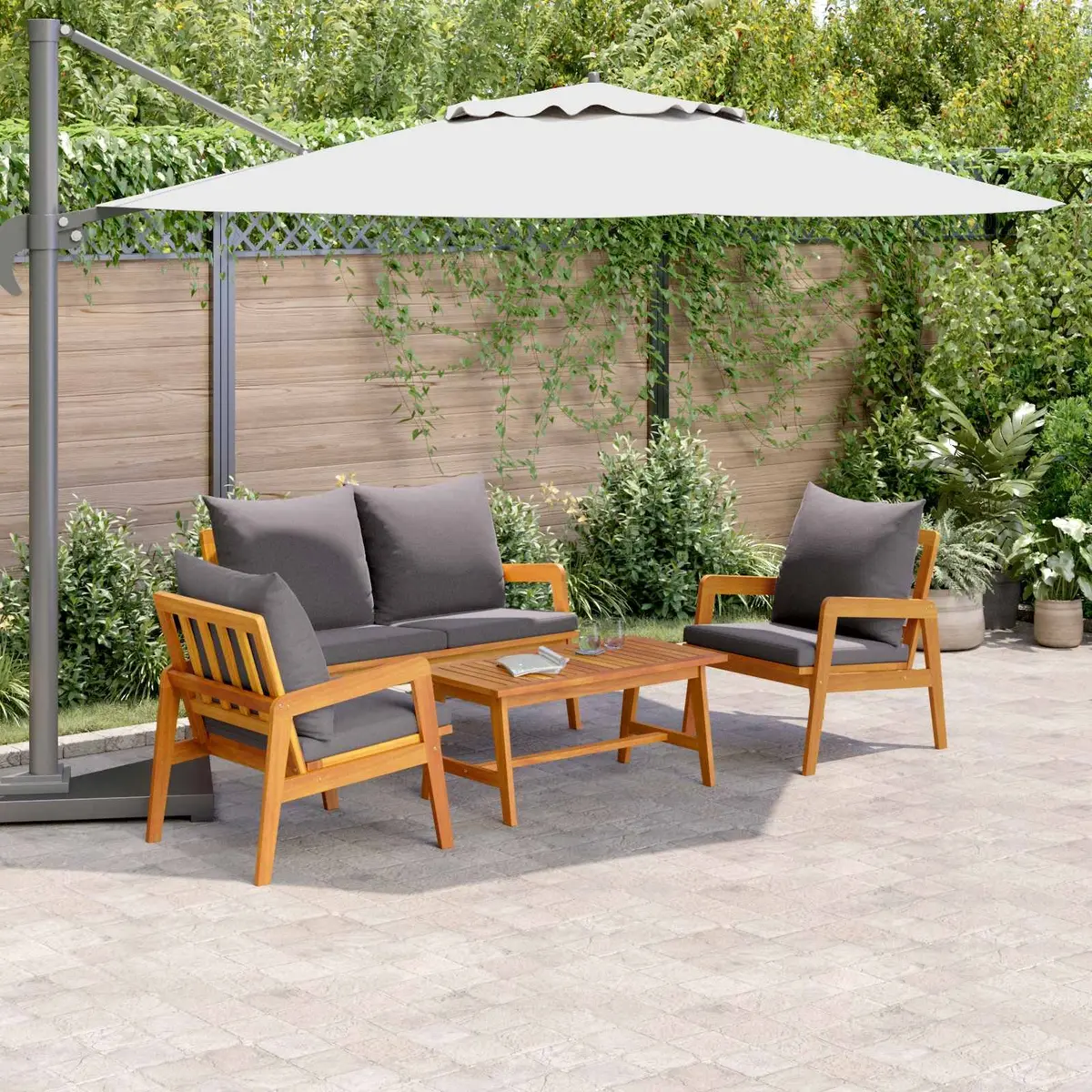 4 Piece Outdoor Bistro Set Modern Minimalist Brown Acacia Wood Garden Furniture with Cushions