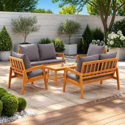 Outdoor Bistro Set 5 Piece Brown Acacia Wood Garden Furniture with Cushions