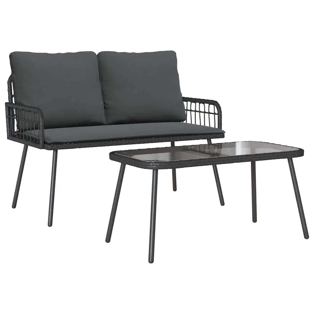 Garden Dining Set Poly Rattan Black Table and Bench with Cushions