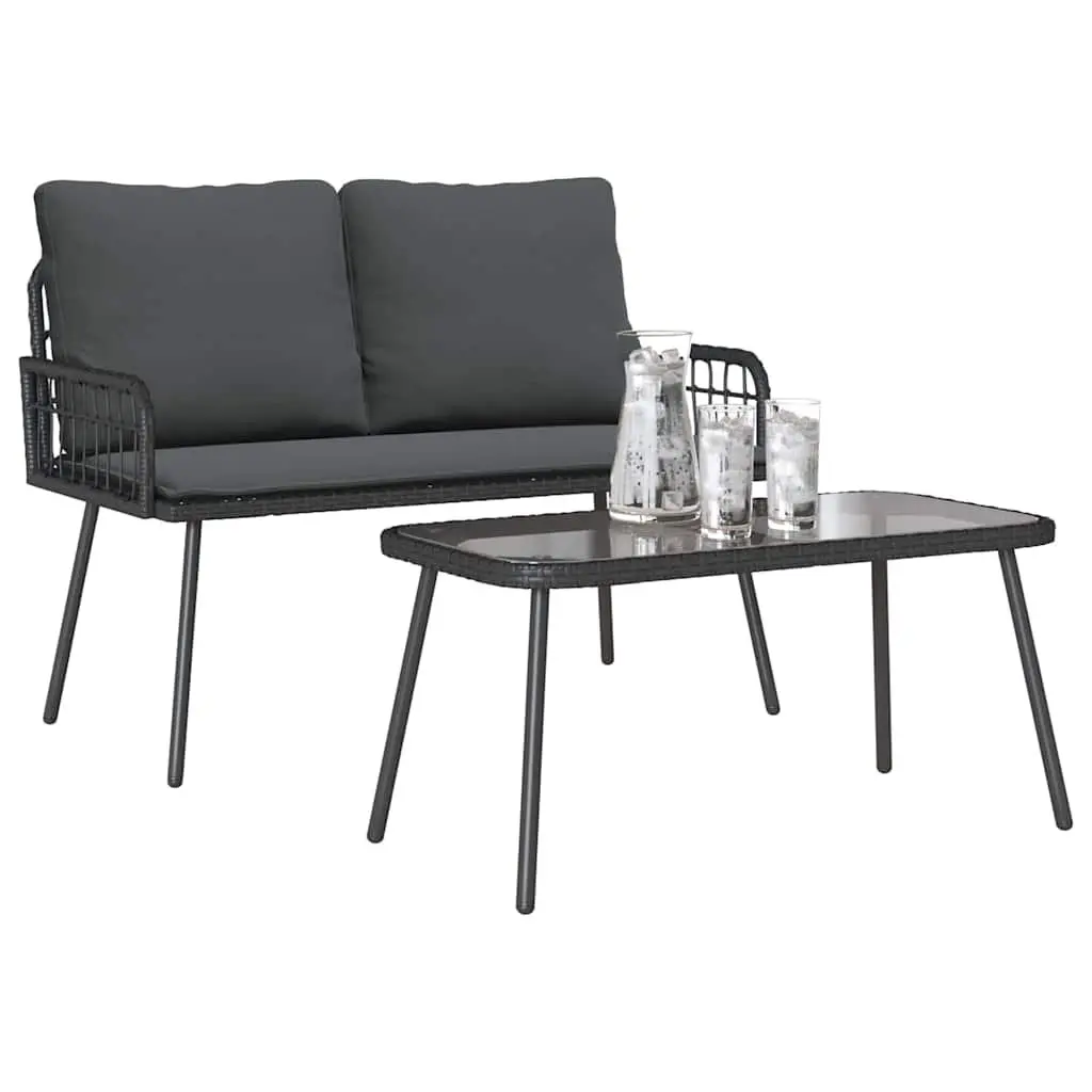Garden Dining Set Poly Rattan Black Table and Bench with Cushions