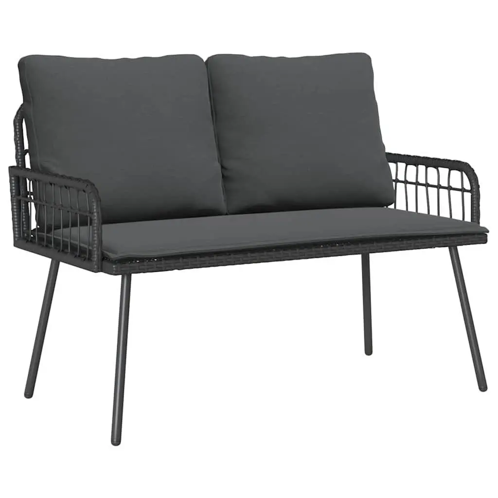 Garden Dining Set Poly Rattan Black Table and Bench with Cushions