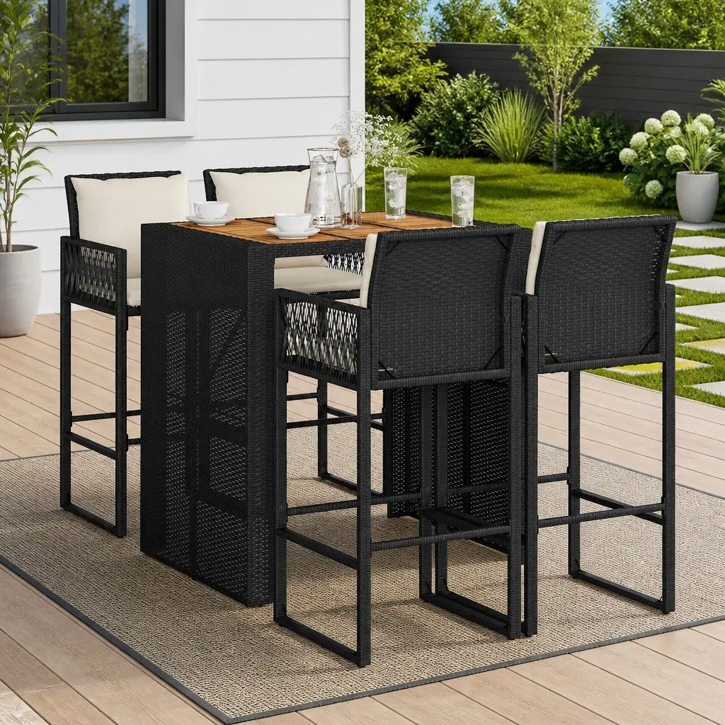 5 Piece Garden Bar Set Black Weather-resistant PE Rattan Outdoor Furniture with Cushions