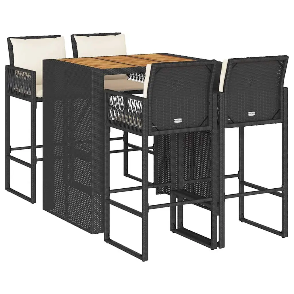 5 Piece Garden Bar Set Black Weather-resistant PE Rattan Outdoor Furniture with Cushions