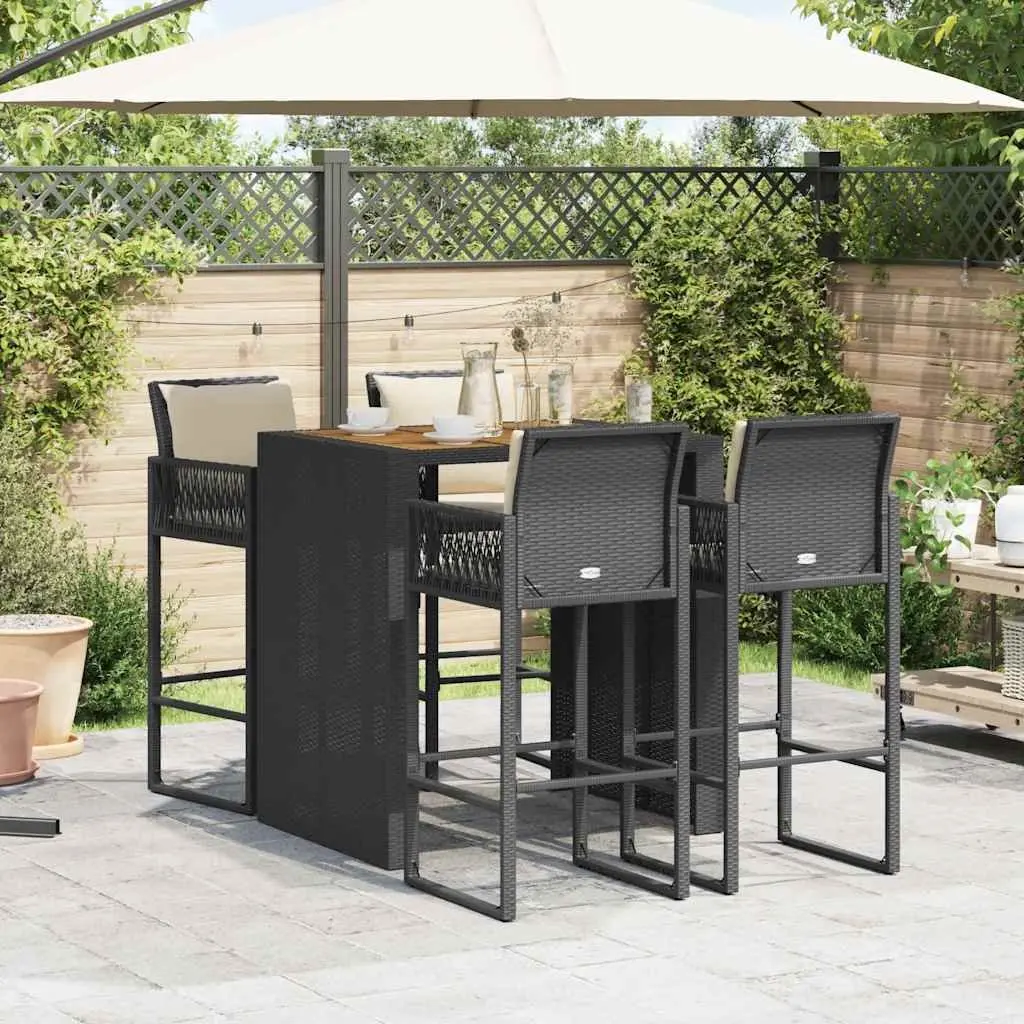 5 Piece Garden Bar Set Black Weather-resistant PE Rattan Outdoor Furniture with Cushions