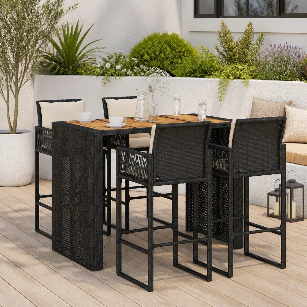 5 Piece Garden Bar Set with Cushions Black Outdoor Patio Furniture Stools Table