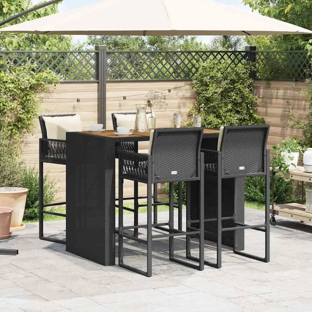 5 Piece Garden Bar Set with Cushions Black Outdoor Patio Furniture Stools Table