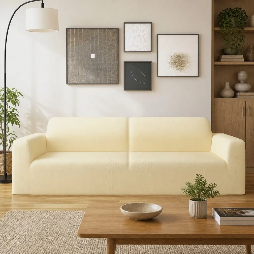 3-Seater Stretch Couch Slipcover Cream Polyester Jersey