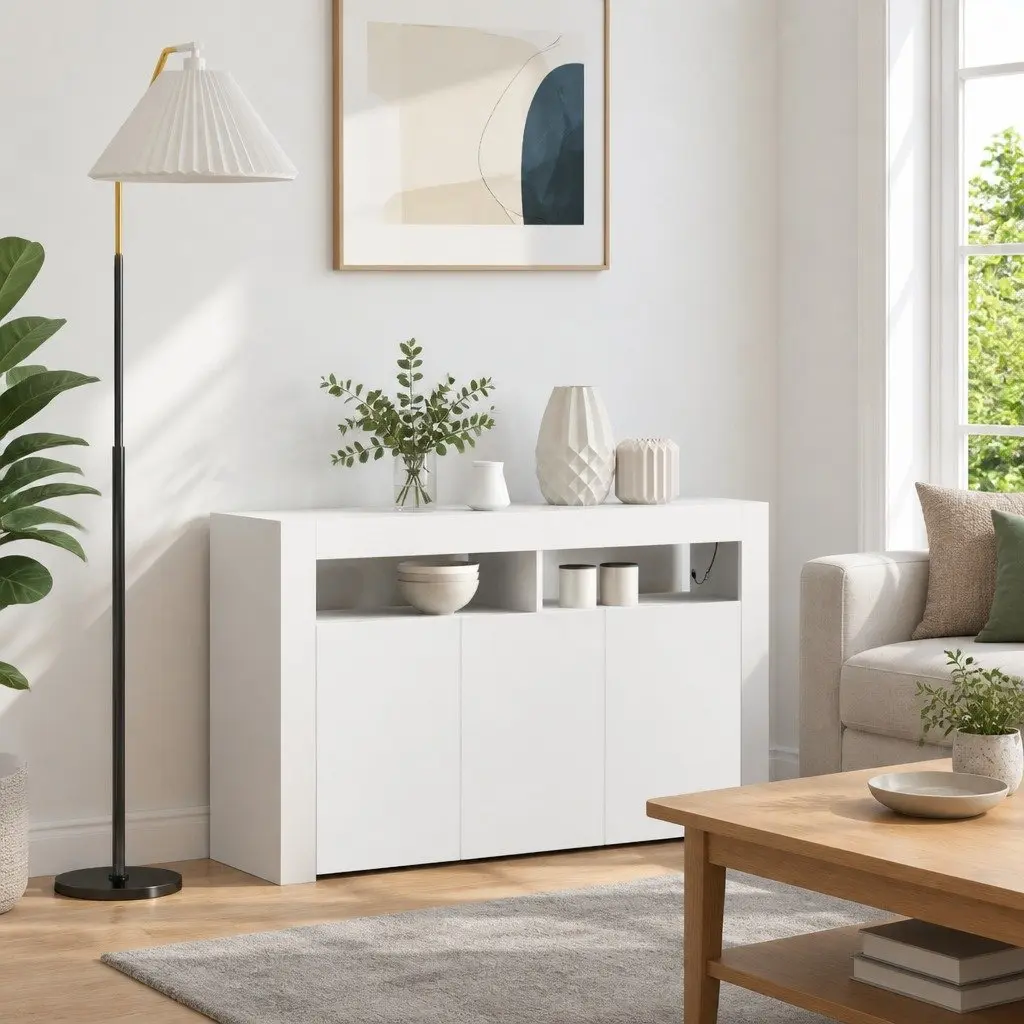 White Sideboard with RGB LED Lights Modern Storage Cabinet Engineered Wood 116 x 30 x 75 cm