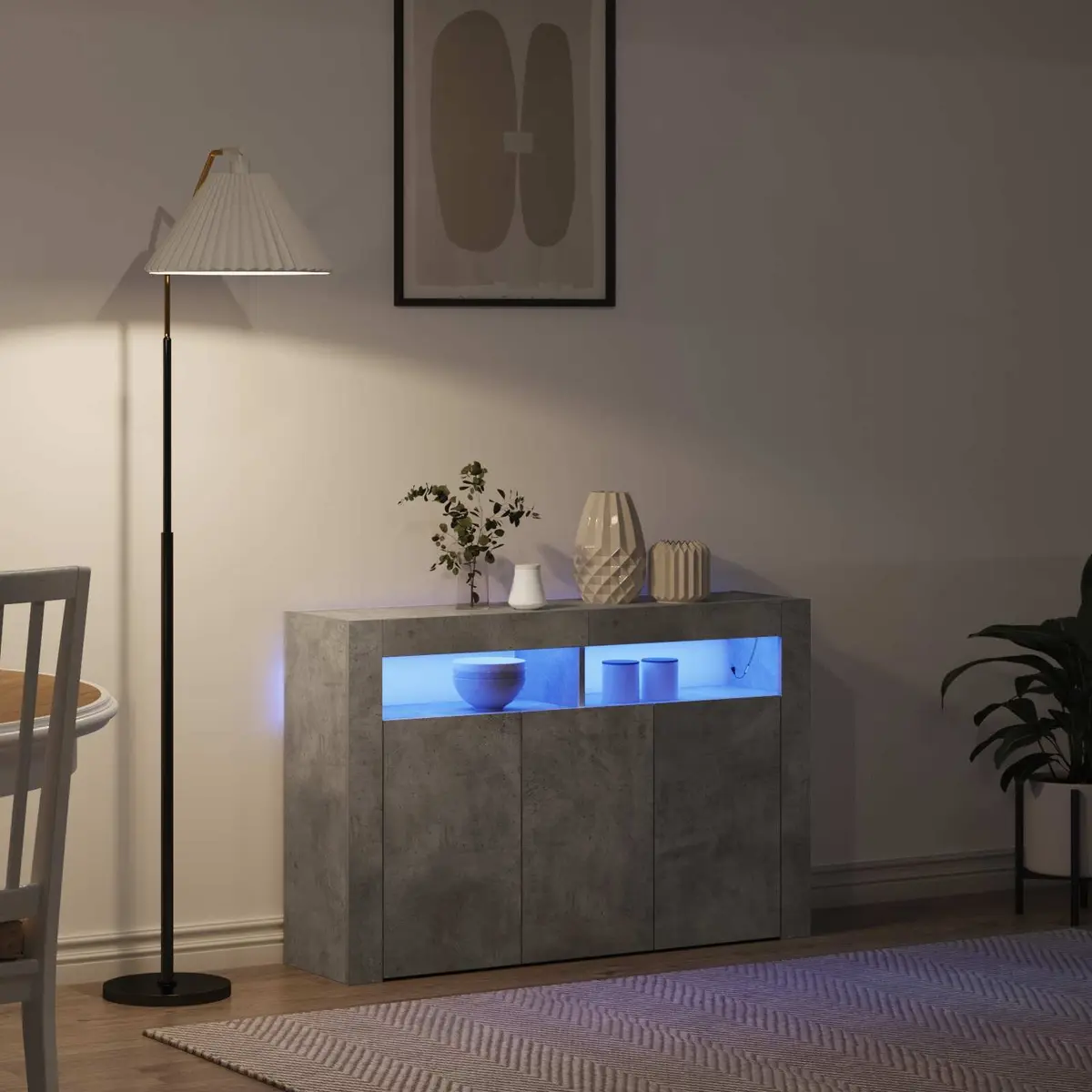 Sideboard Modern Grey Engineered Wood Storage Cabinet with RGB LED Lighting