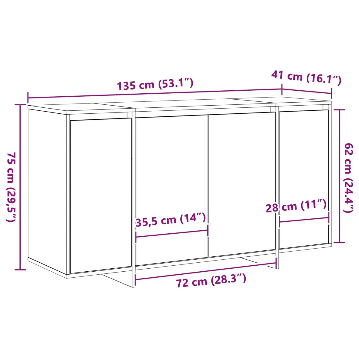 Modern Sideboard Storage Cabinet 135cm Brown Engineered Wood Hinge Doors
