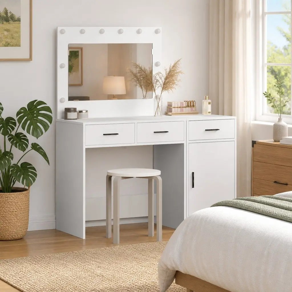 Dressing Table with Storage and LED Lights