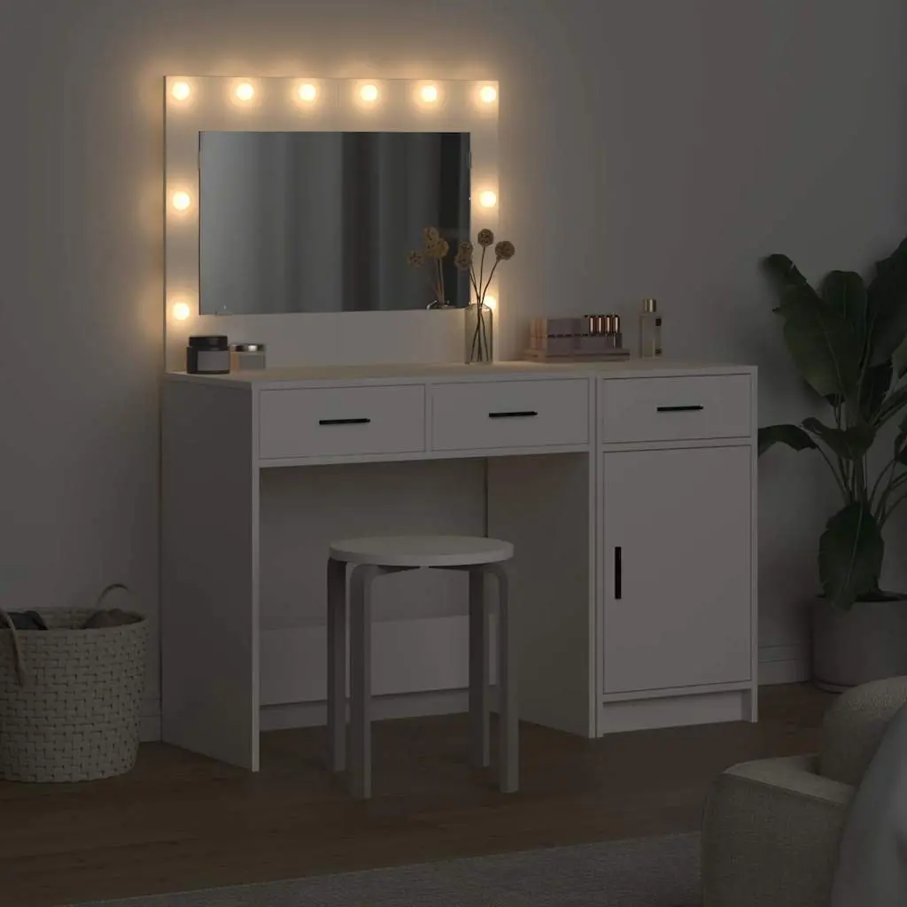 Dressing Table with LED Strip Lights Storage 2 pcs White Bedroom Vanity Unit