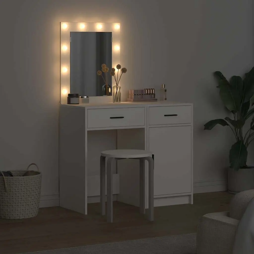 Dressing Table with LED Strip Lights Modern White Engineered Wood 2 pcs