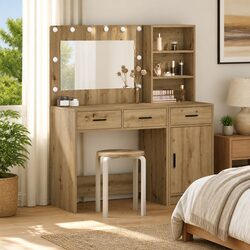 Dressing Table Bedroom Vanity Unit with Mirror LED Lights Drawers Storage Brown