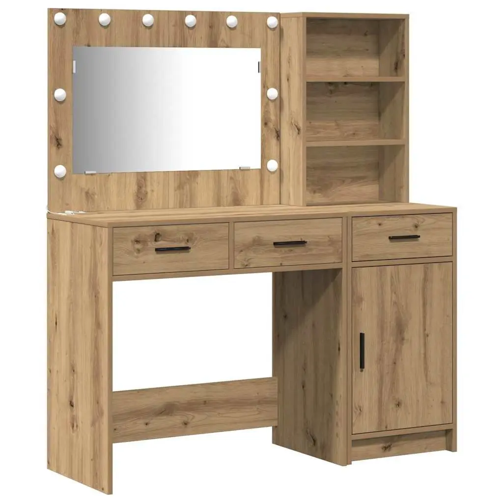 Dressing Table Vanity Unit with LED Mirror Lights Drawers Storage Brown 2 Piece