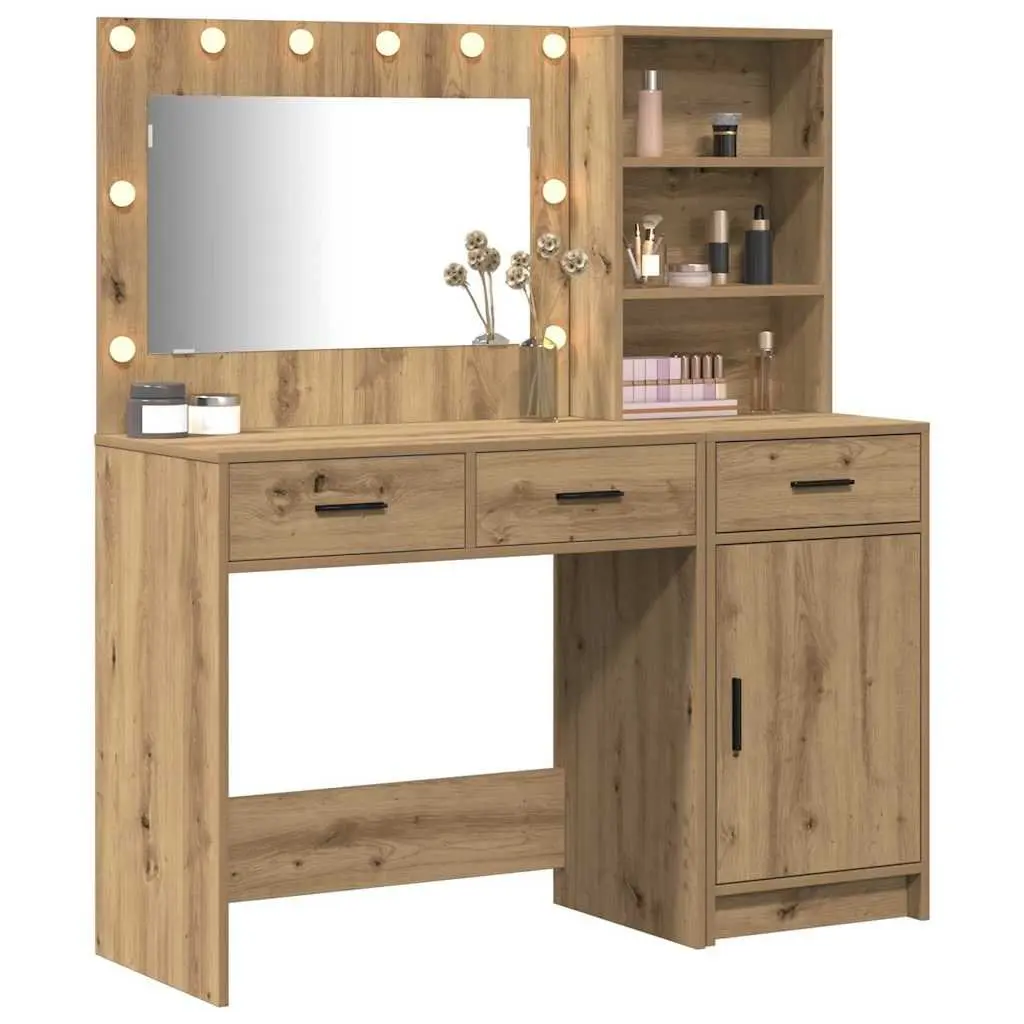Dressing Table Vanity Unit with LED Mirror Lights Drawers Storage Brown 2 Piece