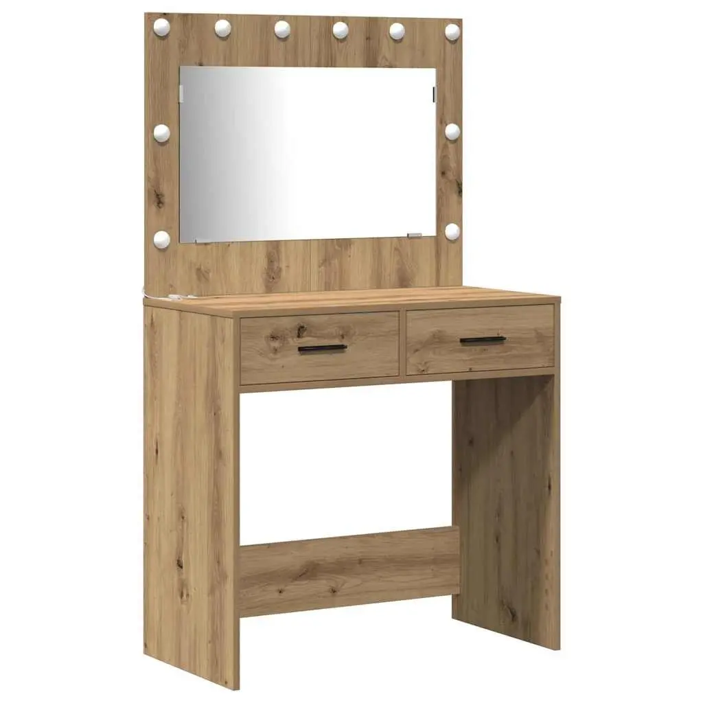 Dressing Table Vanity Unit with LED Mirror Lights Drawers Storage Brown 2 Piece