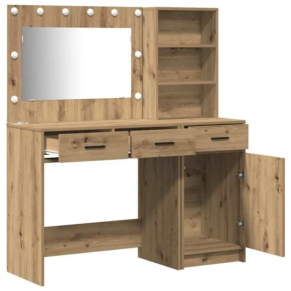 Dressing Table Vanity Unit with LED Mirror Lights Drawers Storage Brown 2 Piece