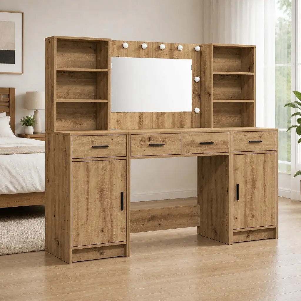 Dressing Table Set with LED Mirror Acrylic 3 Piece Brown Engineered Wood
