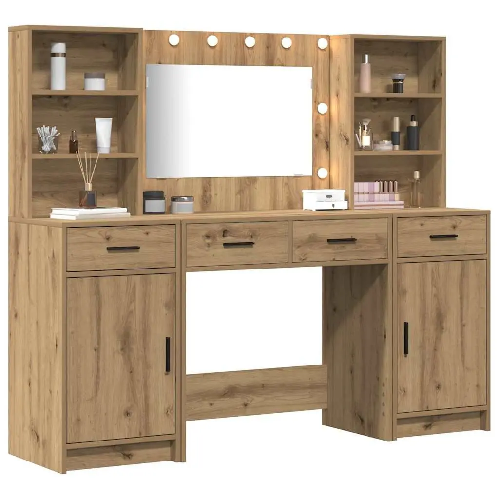 Dressing Table Set with LED Mirror Acrylic 3 Piece Brown Engineered Wood