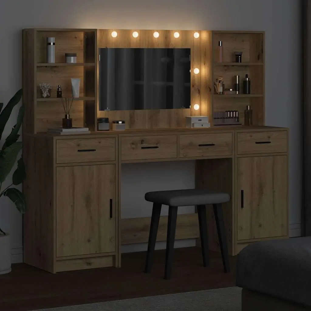 Dressing Table Set with LED Mirror Acrylic 3 Piece Brown Engineered Wood