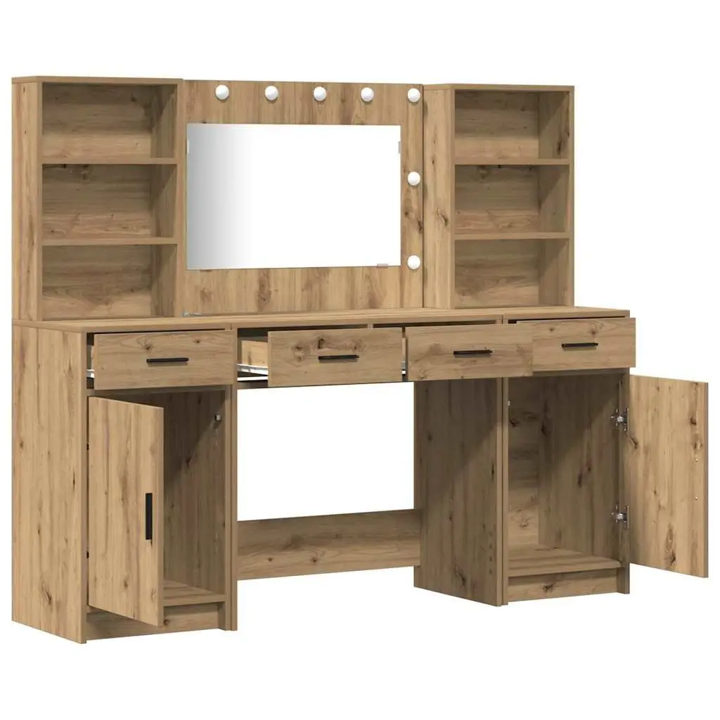 Dressing Table Set with LED Mirror Acrylic 3 Piece Brown Engineered Wood