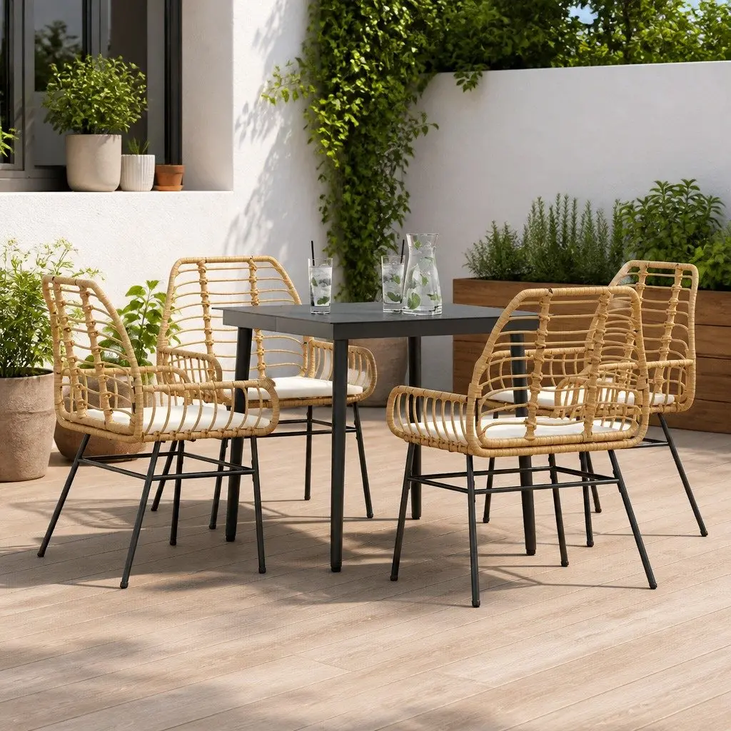 5 Piece Garden Dining Set Brown Poly Rattan Tempered Glass Tabletop