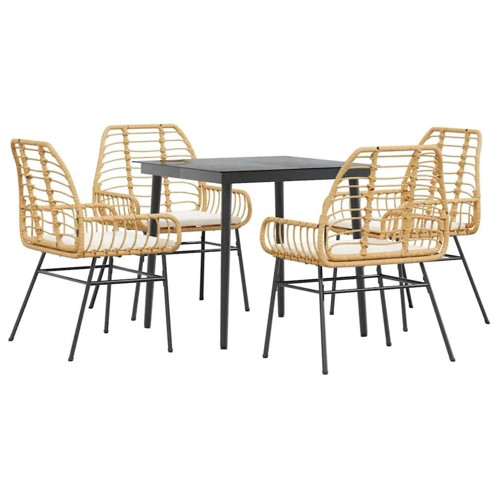 5 Piece Garden Dining Set Brown Poly Rattan Tempered Glass Tabletop
