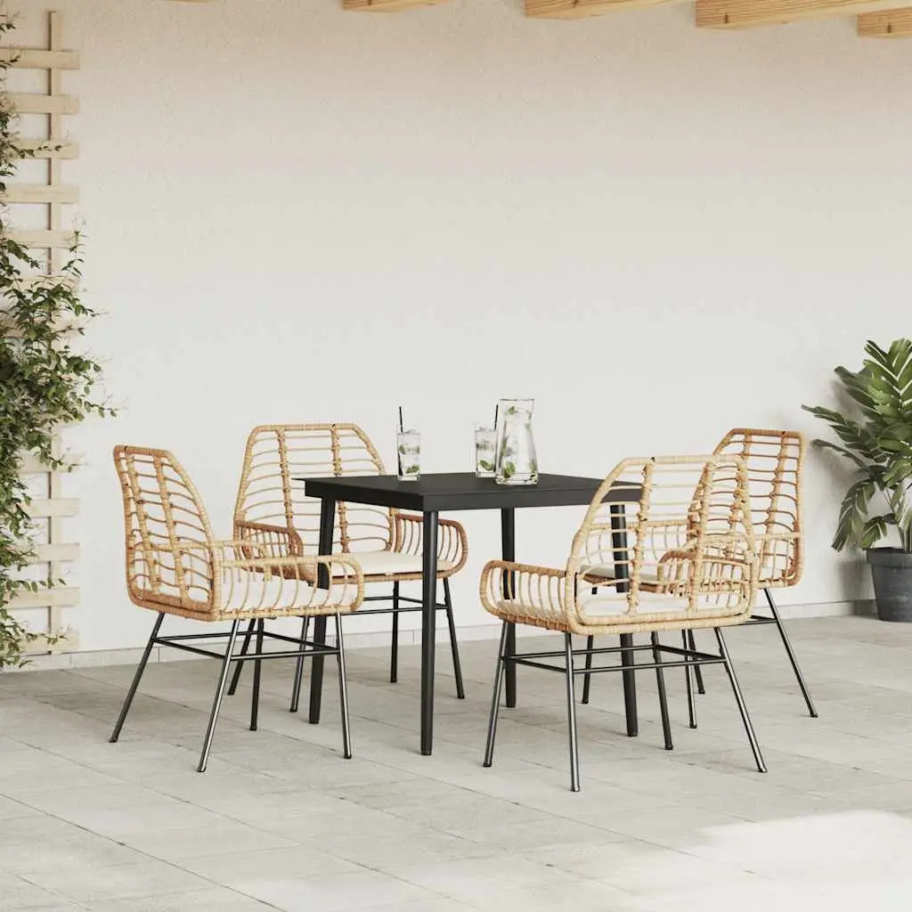 5 Piece Garden Dining Set Brown Poly Rattan Tempered Glass Tabletop