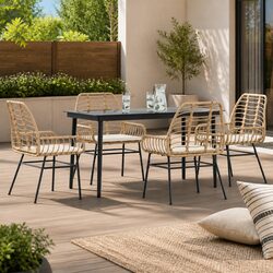 5 Piece Garden Dining Set Brown Poly Rattan with Cushions Glass Table Patio
