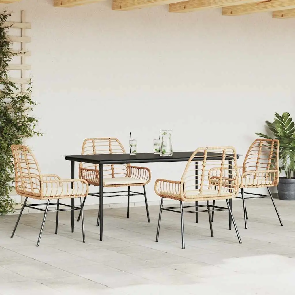 5 Piece Outdoor Dining Set Brown Poly Rattan Tempered Glass Patio Furniture